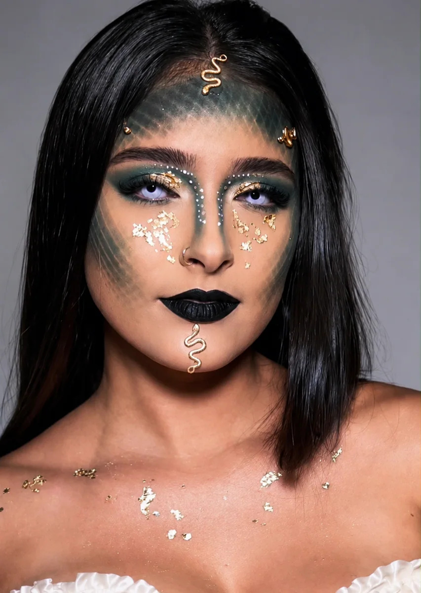 Minha referência editorial de maquiagem artística em preto e dourado